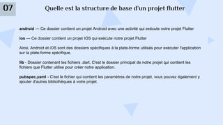 Quelle est la structure de base d’un projet flutter
07
android — Ce dossier contient un projet Android avec une activité qui exécute notre projet Flutter
ios — Ce dossier contient un projet IOS qui exécute notre projet Flutter
Ainsi, Android et iOS sont des dossiers spécifiques à la plate-forme utilisés pour exécuter l'application
sur la plate-forme spécifique.
lib - Dossier contenant les fichiers .dart. C'est le dossier principal de notre projet qui contient les
fichiers que Flutter utilise pour créer notre application.
pubspec.yaml - C'est le fichier qui contient les paramètres de notre projet, vous pouvez également y
ajouter d'autres bibliothèques à votre projet.
 