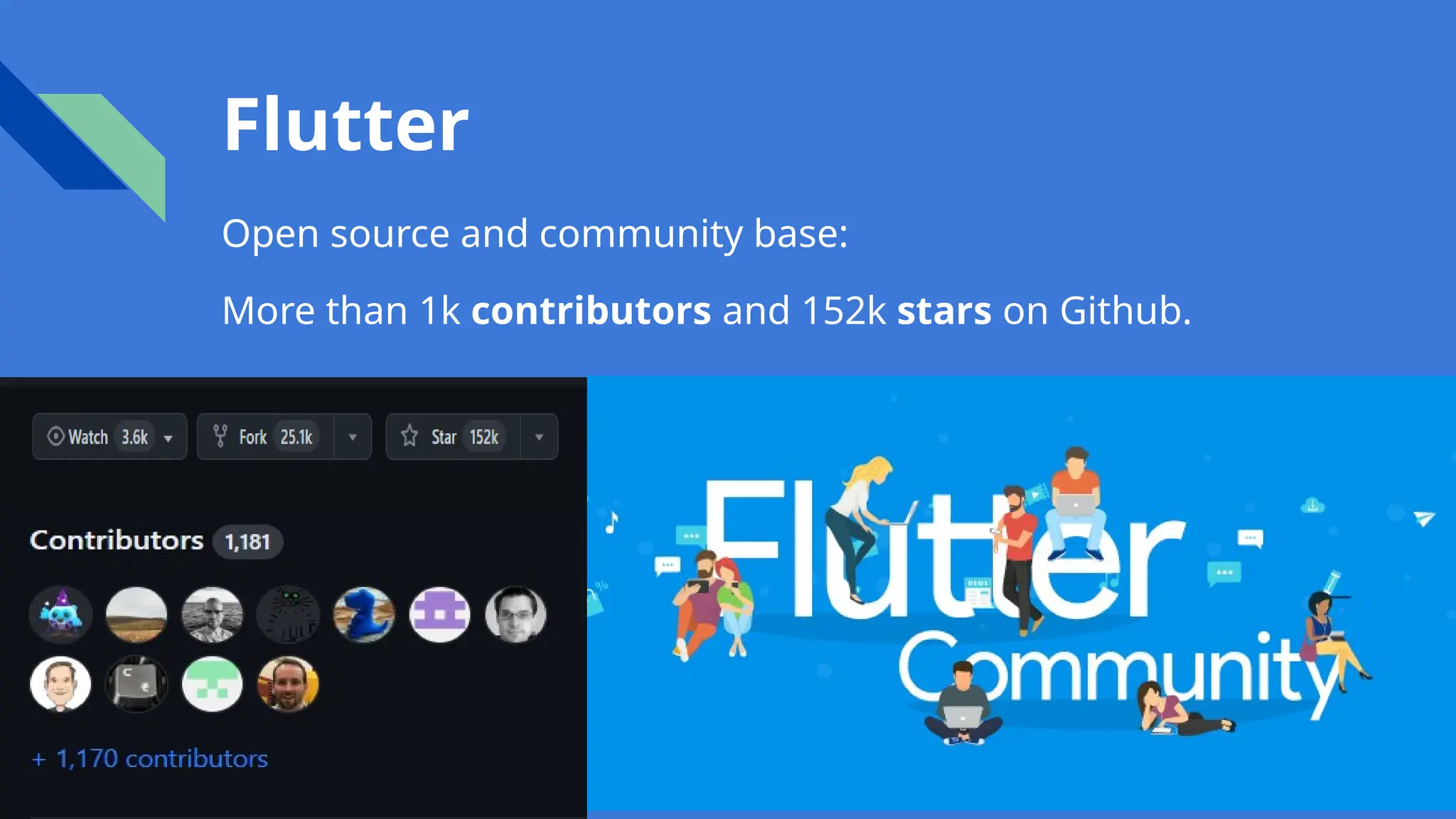 Flutter
Open source and community base:
More than 1k contributors and 152k stars on Github.
 