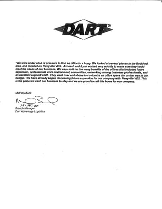 Testimonial by Dart Advantage Logistics for Perryville Business Centers