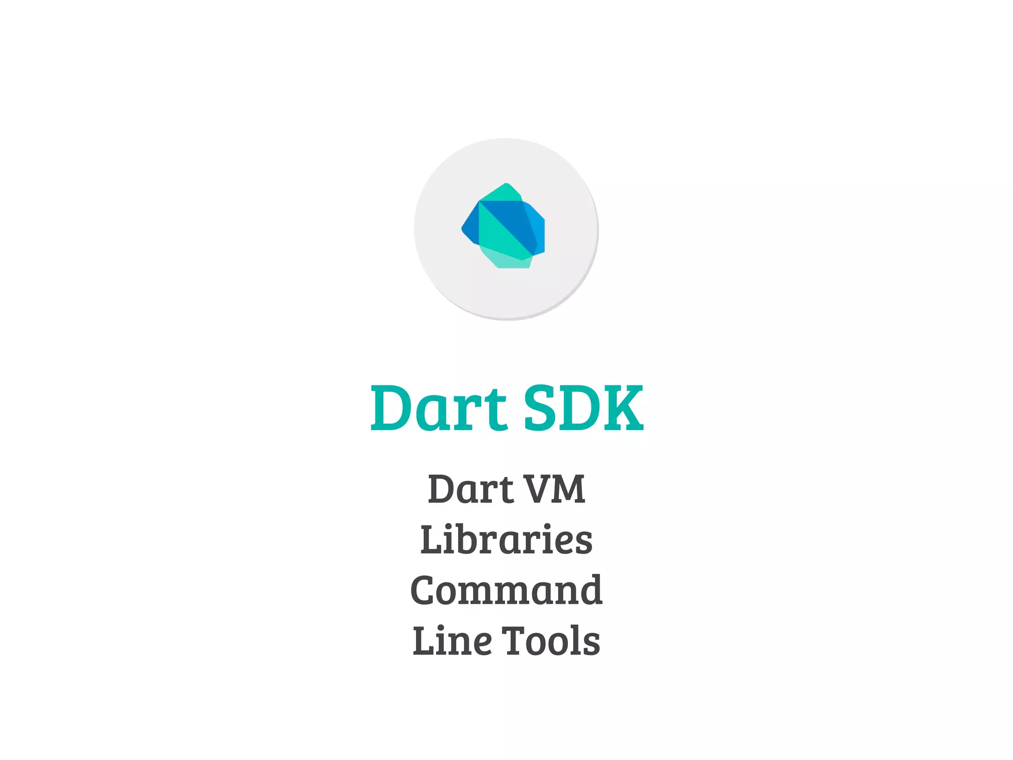 Dart SDK 
Dart VM 
Libraries 
Command 
Line Tools 
 