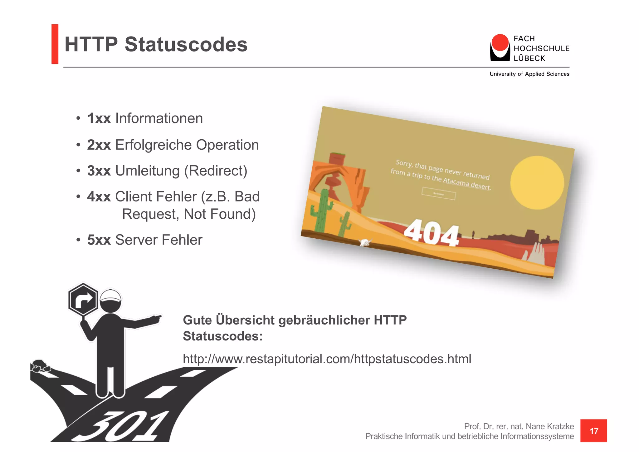 HTTP Statuscodes
Prof. Dr. rer. nat. Nane Kratzke
Praktische Informatik und betriebliche Informationssysteme
17
• 1xx Informationen
• 2xx Erfolgreiche Operation
• 3xx Umleitung (Redirect)
• 4xx Client Fehler (z.B. Bad
Request, Not Found)
• 5xx Server Fehler
Gute Übersicht gebräuchlicher HTTP
Statuscodes:
http://www.restapitutorial.com/httpstatuscodes.html
 