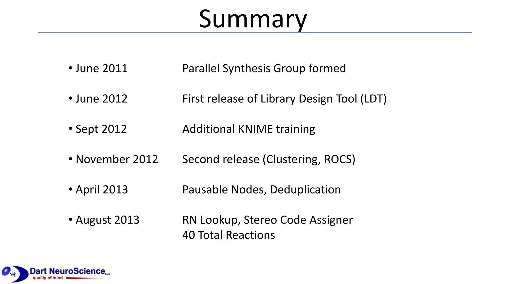 Summary
• June 2011
• June 2012
• Sept 2012
• November 2012
• April 2013
• August 2013
Parallel Synthesis Group formed
First release of Library Design Tool (LDT)
Additional KNIME training
Second release (Clustering, ROCS)
Pausable Nodes, Deduplication
RN Lookup, Stereo Code Assigner
40 Total Reactions
 