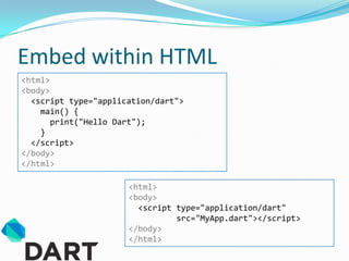 Embed within HTML
<html>
<body>
  <script type="application/dart">
    main() {
       print("Hello Dart");
    }
  </script>
</body>
</html>

                      <html>
                      <body>
                        <script type="application/dart"
                                src="MyApp.dart"></script>
                      </body>
                      </html>
 