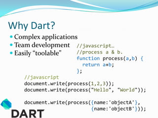 Why Dart?
 Complex applications
 Team development //javascript…
 Easily “toolable”   //process a & b.
                      function process(a,b) {
                         return a+b;
                      };
    //javascript
    document.write(process(1,2,3));
    document.write(process("Hello", "World"));

    document.write(process({name:'objectA'},
                           {name:'objectB'}));
 