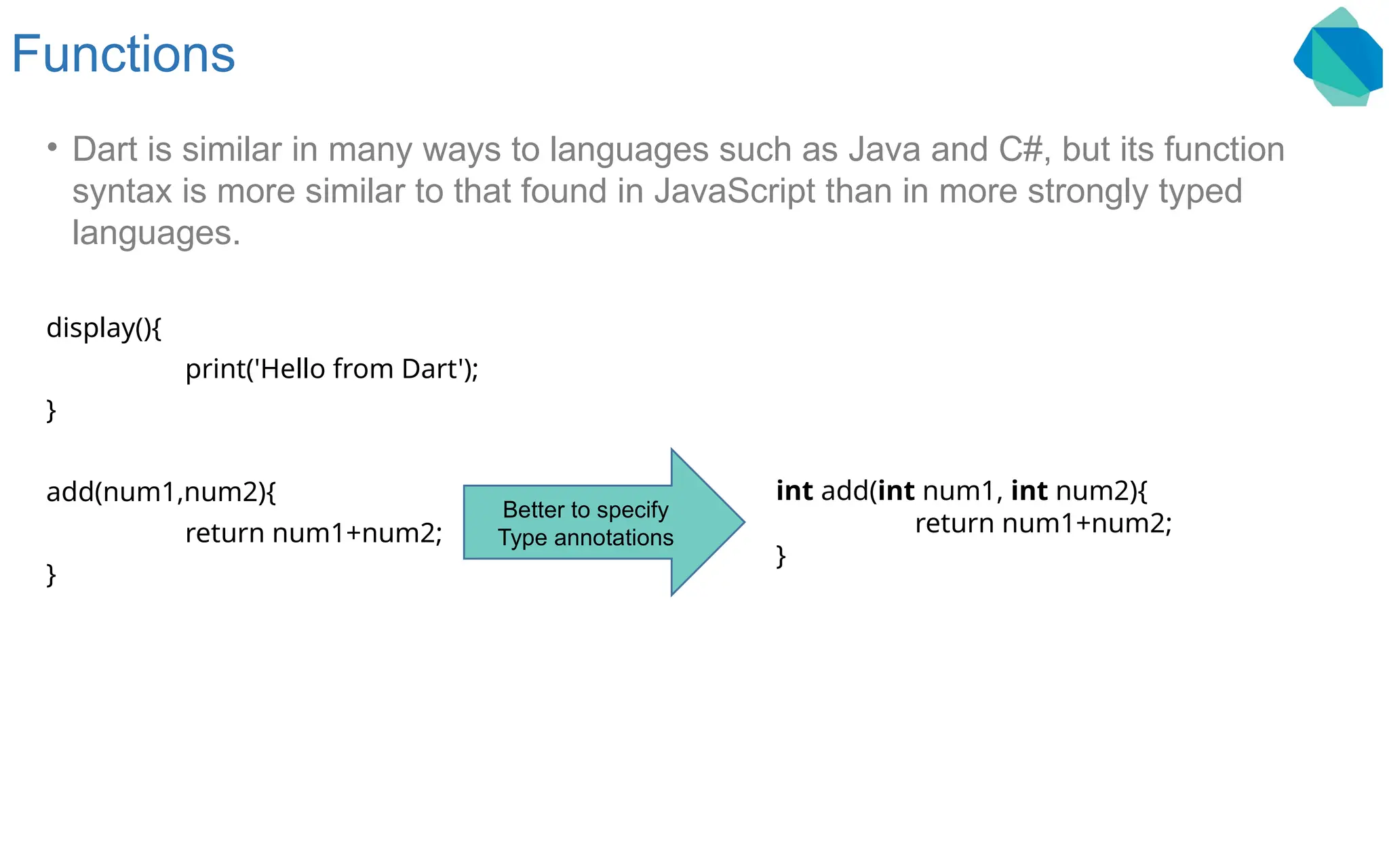 Functions • Dart is similar in many ways to languages such as Java and C#, but its function syntax is more similar to that found in JavaScript than in more strongly typed languages. display(){ print('Hello from Dart'); } add(num1,num2){ return num1+num2; } int add(int num1, int num2){ return num1+num2; } Better to specify Type annotations 