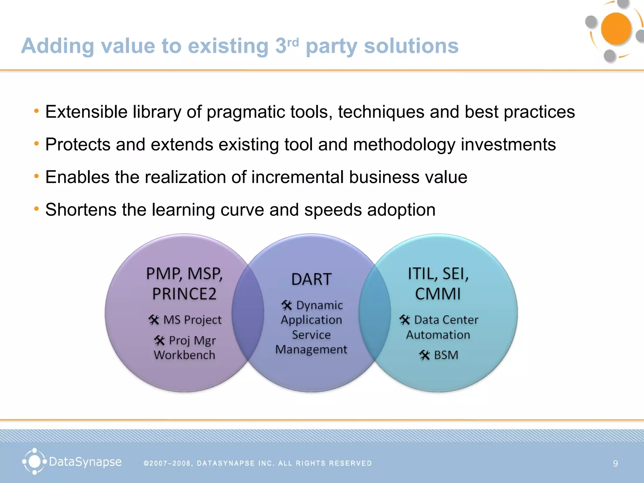 Adding value to existing 3 rd  party solutions Extensible library of pragmatic tools, techniques and best practices Protects and extends existing tool and methodology investments Enables the realization of incremental business value Shortens the learning curve and speeds adoption 