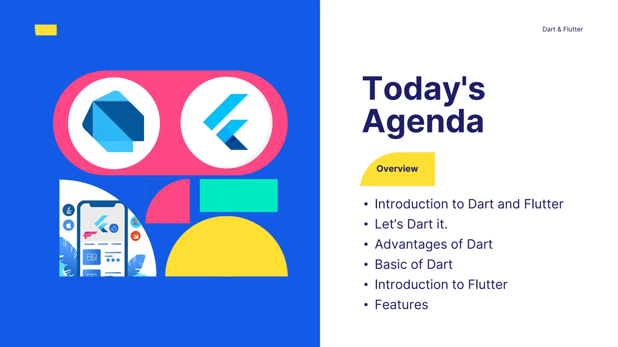 Overview
• Introduction to Dart and Flutter
• Let’s Dart it.
• Advantages of Dart
• Basic of Dart
• Introduction to Flutter
• Features
Today's
Agenda
Dart & Flutter
 