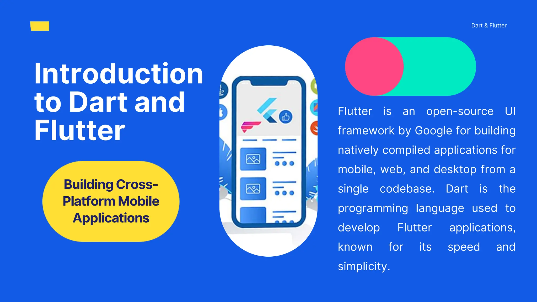 Flutter is an open-source UI
framework by Google for building
natively compiled applications for
mobile, web, and desktop from a
single codebase. Dart is the
programming language used to
develop Flutter applications,
known for its speed and
simplicity.
Introduction
to Dart and
Flutter
Dart & Flutter
Building Cross-
Platform Mobile
Applications
 