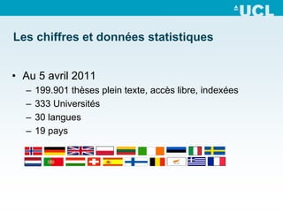 Les chiffres et données statistiques


• Au 5 avril 2011
  –   199.901 thèses plein texte, accès libre, indexées
  –   333 Universités
  –   30 langues
  –   19 pays
 