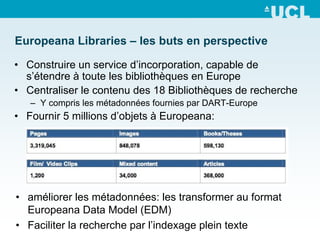 Europeana Libraries – les buts en perspective

• Construire un service d’incorporation, capable de
  s’étendre à toute les bibliothèques en Europe
• Centraliser le contenu des 18 Bibliothèques de recherche
   – Y compris les métadonnées fournies par DART-Europe
• Fournir 5 millions d’objets à Europeana:




• améliorer les métadonnées: les transformer au format
  Europeana Data Model (EDM)
• Faciliter la recherche par l’indexage plein texte
 
