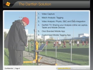 Conﬁden'al**|**Page*4*
The Dartﬁsh Solution
1.  Video Capture
2.  Match Analysis: Tagging
3.  Video Analysis: Physio, S&C and Data integration
4.  Dartﬁsh TV: Sharing your Analysis online via Laptop,
Tablet and Mobile Devices
5.  Club Branded Mobile App
6.  Customised Mobile Tagging App
 