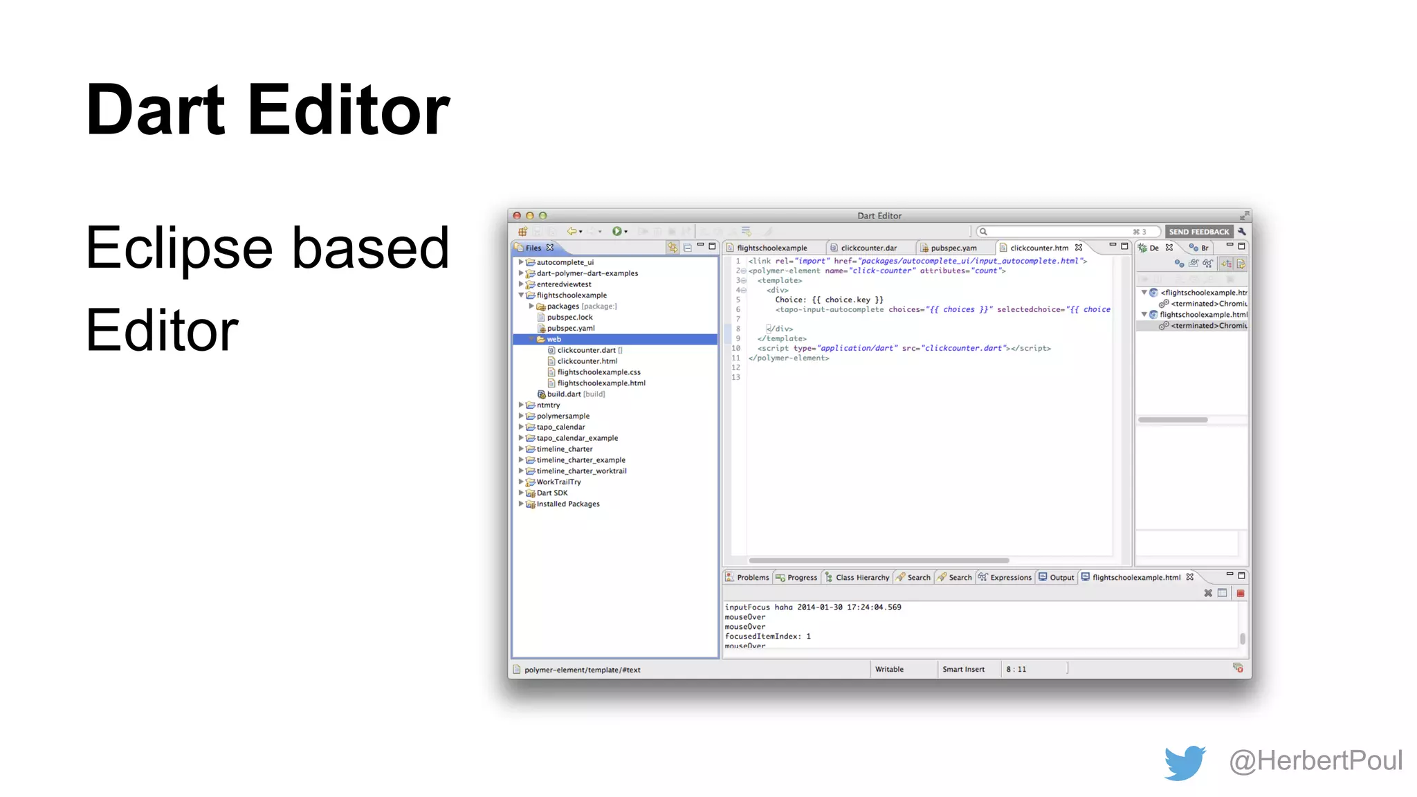 Dart Editor
Eclipse based
Editor

@HerbertPoul

 