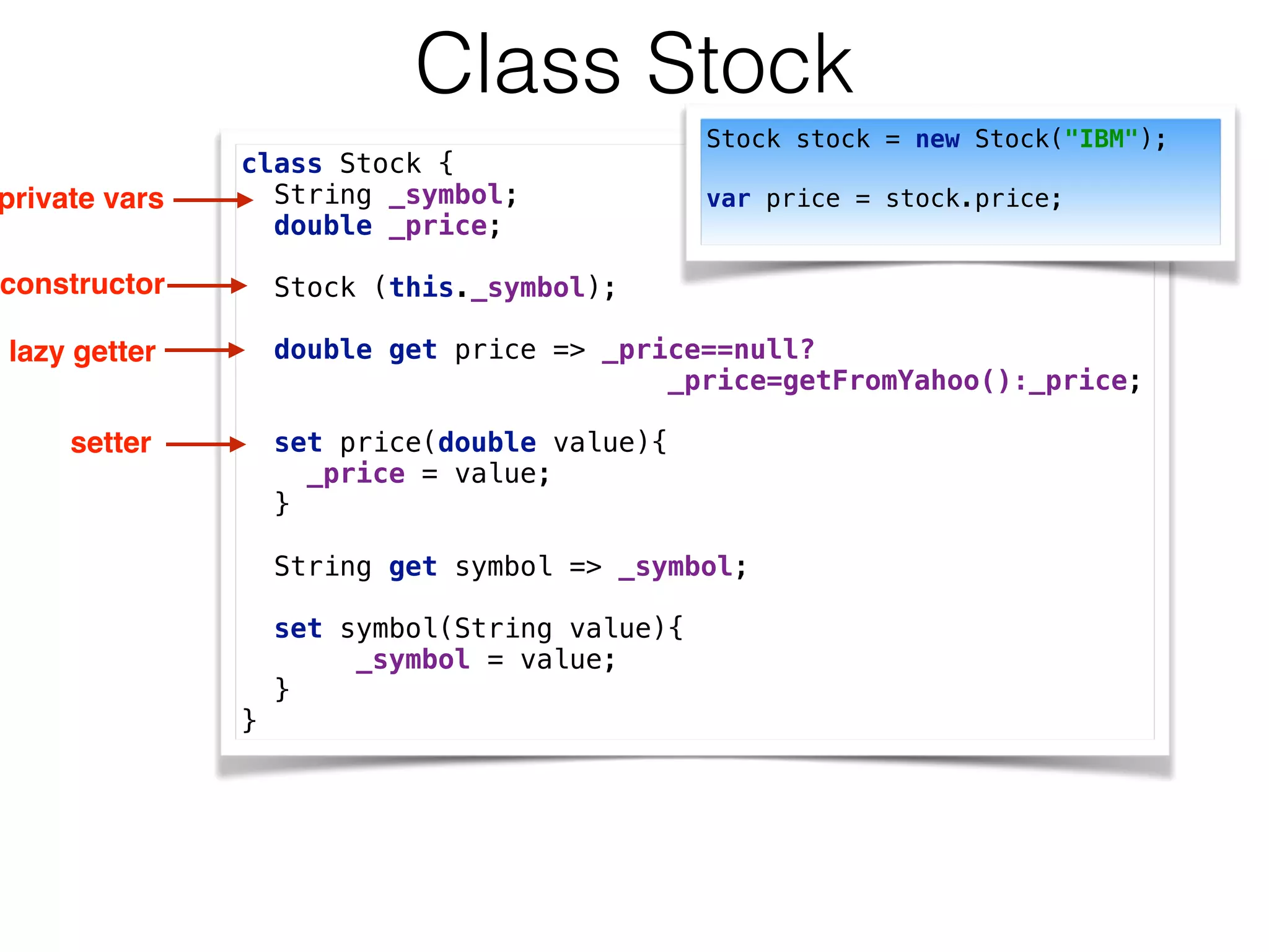 Class Stock
class Stock { 
String _symbol; 
double _price; 
 
Stock (this._symbol); 
 
double get price => _price==null? 
_price=getFromYahoo():_price; 
 
set price(double value){ 
_price = value; 
} 
 
String get symbol => _symbol; 
 
set symbol(String value){ 
_symbol = value; 
} 
}
private vars
constructor
lazy getter
setter
Stock stock = new Stock("IBM");
 
var price = stock.price;
 