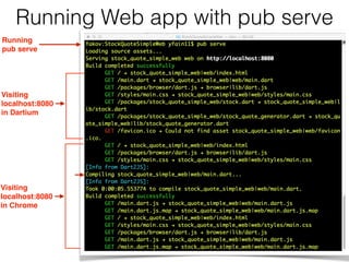 Running Web app with pub serve
Running  
pub serve
Visiting 
localhost:8080  
in Dartium
Visiting 
localhost:8080  
in Chrome
 