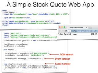 A Simple Stock Quote Web App
<body> 
Enter Symbol: : 
<input id="enteredSymbol" type="text" placeholder="AAPL, IBM, or MSFT"> 
 
<span id="priceQuote"></span> 
 
<script type="application/dart" src="main.dart"></script> 
<script data-pub-inline src="packages/browser/dart.js"></script> 
</body>
import 'dart:html'; 
import 'package:stock_quote_simple_web/stock.dart'; 
import 'package:stock_quote_simple_web/stock_quote_generator.dart'; 
 
StockQuoteGenerator generator = new StockQuoteGenerator(); 
 
InputElement enteredSymbol; 
SpanElement priceQuote; 
 
void main() { 
 
enteredSymbol = querySelector(“#enteredSymbol");
priceQuote = querySelector(‘#priceQuote');
 
enteredSymbol.onChange.listen(showPrice);  
} 
 
void showPrice(Event e){ 
Stock stock = generator.getQuote(enteredSymbol.value); 
priceQuote.text = "$${stock.price.toStringAsFixed(2)}"; 
}
Event listener
Event handler
DOM search
 