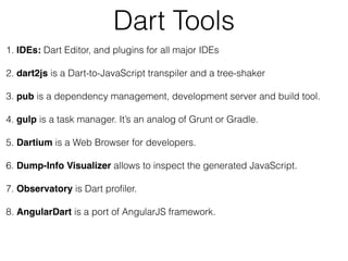 Dart Tools
1. IDEs: Dart Editor, and plugins for all major IDEs
2. dart2js is a Dart-to-JavaScript transpiler and a tree-shaker
3. pub is a dependency management, development server and build tool.
4. gulp is a task manager. It’s an analog of Grunt or Gradle.
5. Dartium is a Web Browser for developers.
6. Dump-Info Visualizer allows to inspect the generated JavaScript.
7. Observatory is Dart profiler.
8. AngularDart is a port of AngularJS framework.
 