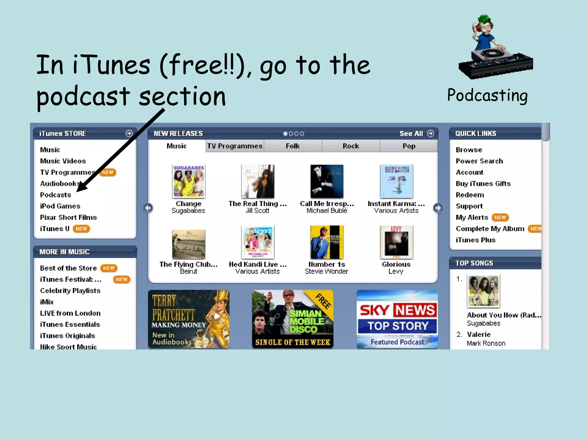 In iTunes (free!!), go to the podcast section Podcasting 