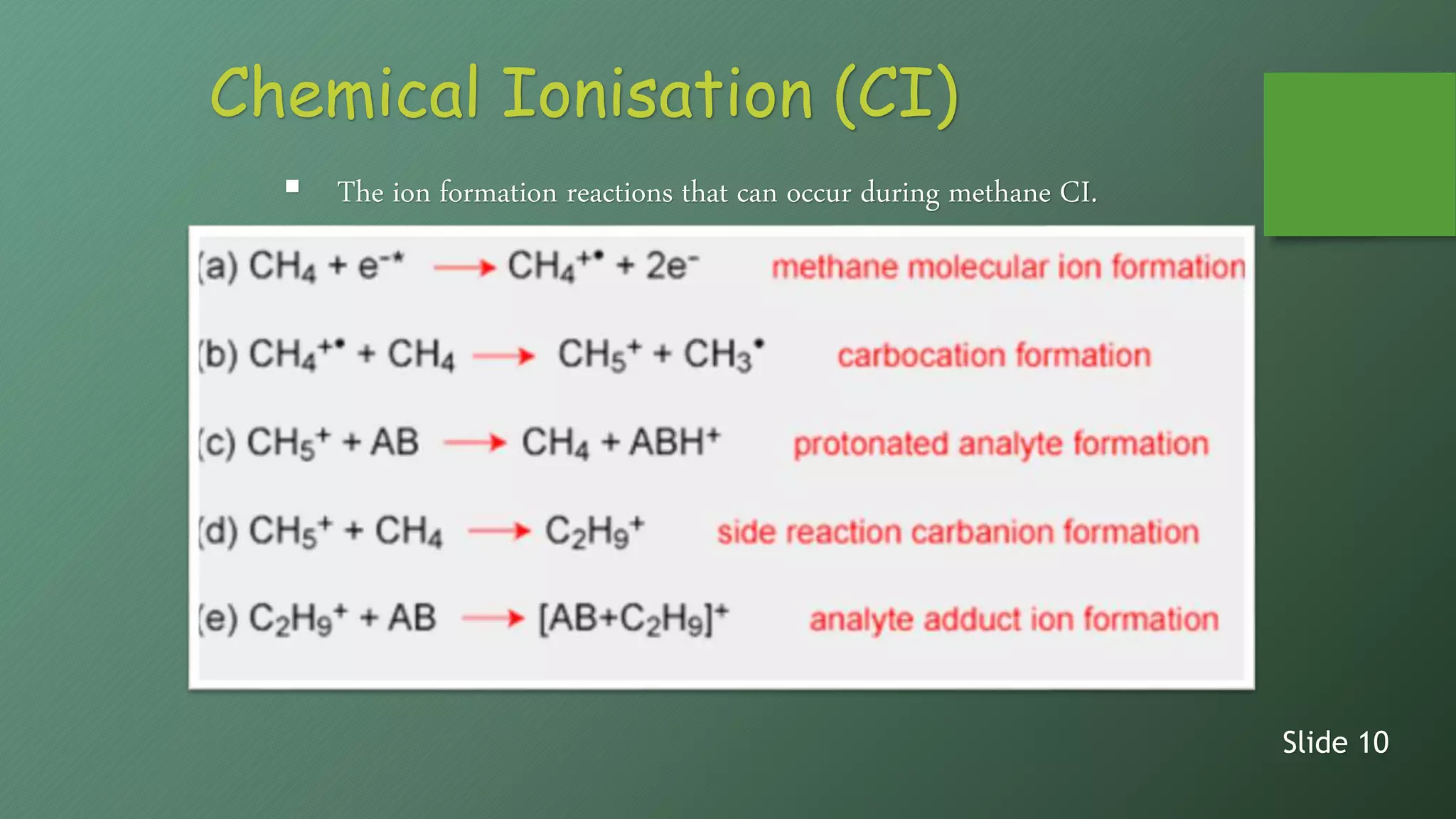 Chemical Ionisation (CI)
 The ion formation reactions that can occur during methane CI.
Slide 10
 