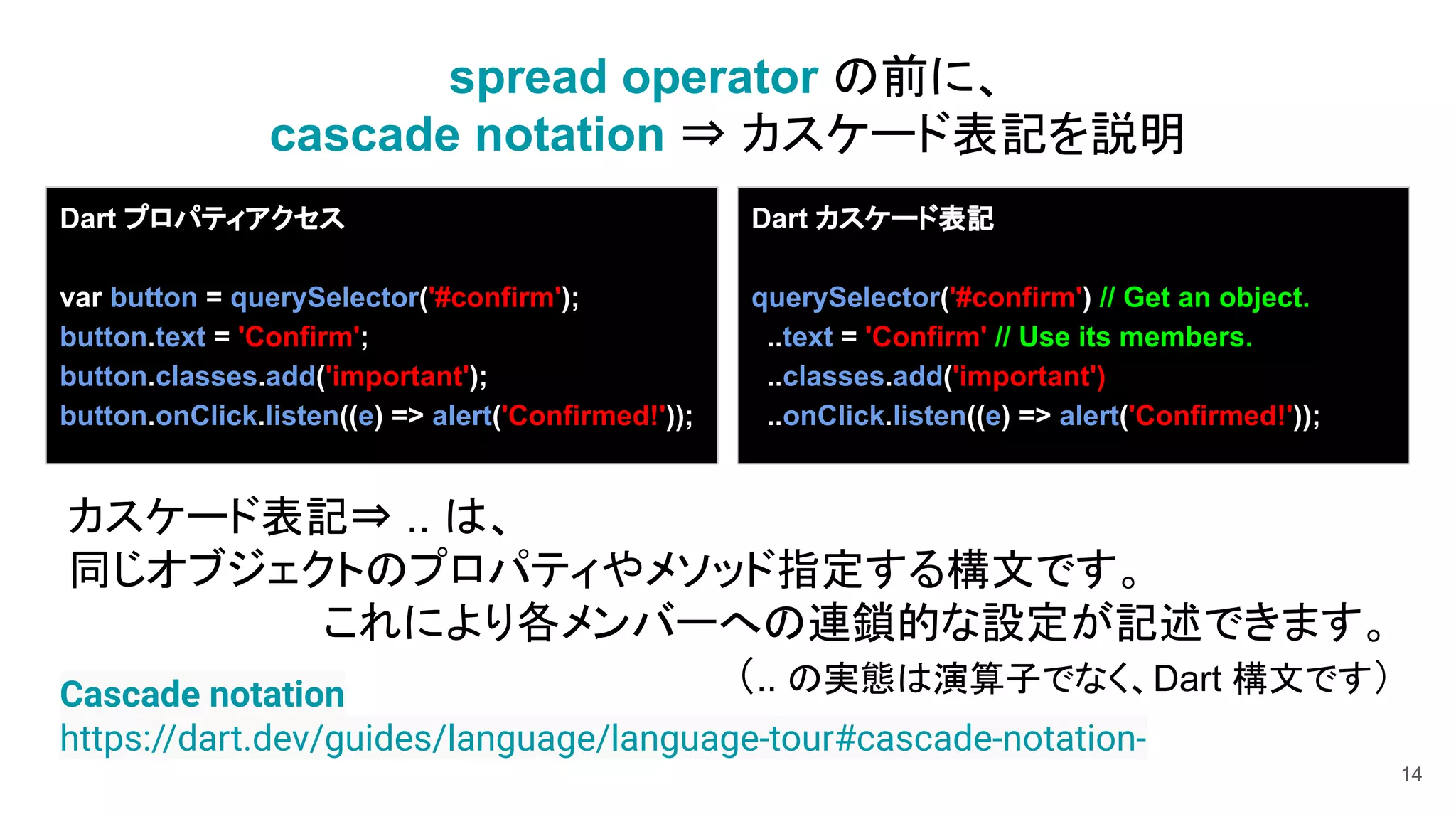 14
Dart プロパティアクセス
var button = querySelector('#confirm');
button.text = 'Confirm';
button.classes.add('important');
button.onClick.listen((e) => alert('Confirmed!'));
Dart カスケード表記
querySelector('#confirm') // Get an object.
..text = 'Confirm' // Use its members.
..classes.add('important')
..onClick.listen((e) => alert('Confirmed!'));
spread operator の前に、
cascade notation ⇒ カスケード表記を説明
Cascade notation
https://dart.dev/guides/language/language-tour#cascade-notation-
カスケード表記⇒ .. は、
同じオブジェクトのプロパティやメソッド指定する構文です。
これにより各メンバーへの連鎖的な設定が記述できます。
（.. の実態は演算子でなく、Dart 構文です）
 