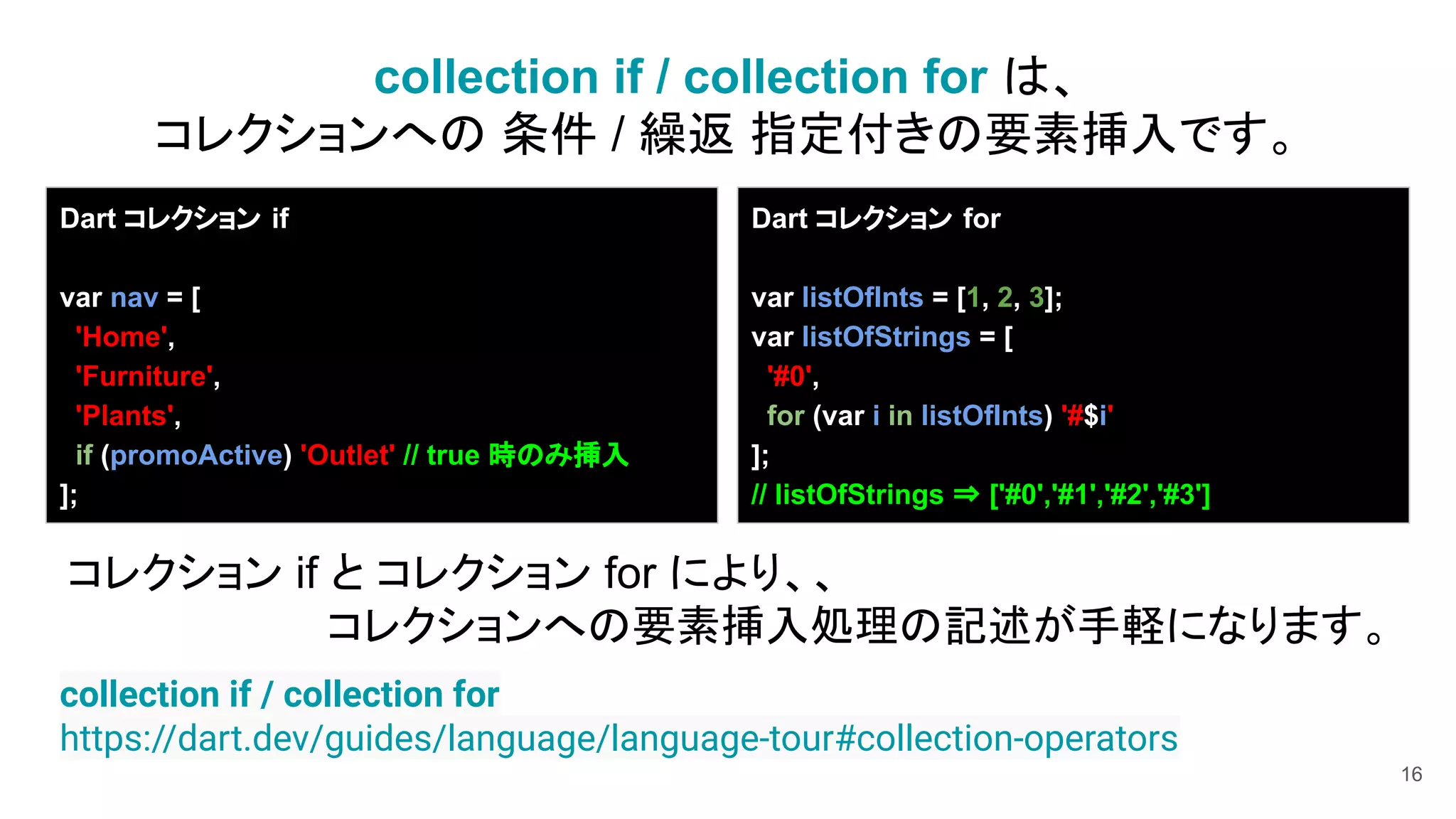 16
Dart コレクション if
var nav = [
'Home',
'Furniture',
'Plants',
if (promoActive) 'Outlet' // true 時のみ挿入
];
Dart コレクション for
var listOfInts = [1, 2, 3];
var listOfStrings = [
'#0',
for (var i in listOfInts) '#$i'
];
// listOfStrings ⇒ ['#0','#1','#2','#3']
collection if / collection for は、
コレクションへの 条件 / 繰返 指定付きの要素挿入です。
collection if / collection for
https://dart.dev/guides/language/language-tour#collection-operators
コレクション if と コレクション for により、、
コレクションへの要素挿入処理の記述が手軽になります。
 