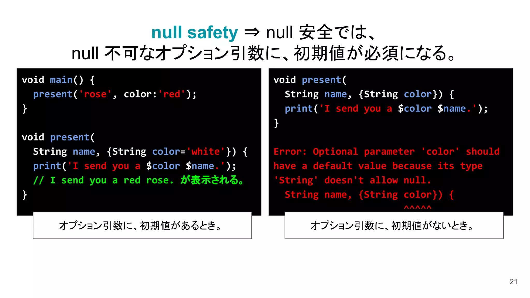 21
null safety ⇒ null 安全では、
null 不可なオプション引数に、初期値が必須になる。
void present(
String name, {String color}) {
print('I send you a $color $name.');
}
Error: Optional parameter 'color' should
have a default value because its type
'String' doesn't allow null.
String name, {String color}) {
^^^^^
void main() {
present('rose', color:'red');
}
void present(
String name, {String color='white'}) {
print('I send you a $color $name.');
// I send you a red rose. が表示される。
}
オプション引数に、初期値があるとき。 オプション引数に、初期値がないとき。
 