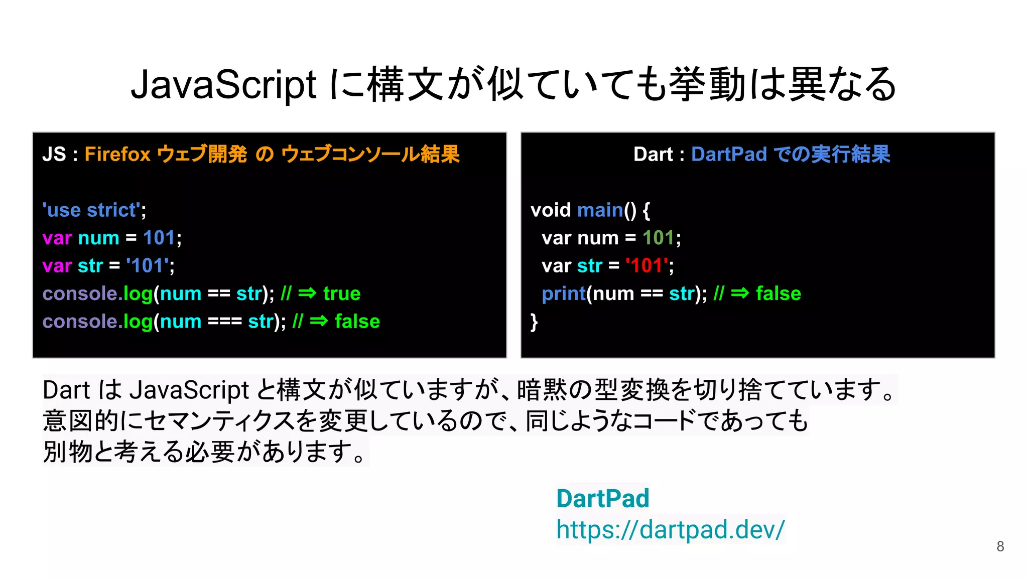 JavaScript に構文が似ていても挙動は異なる
8
DartPad
https://dartpad.dev/
JS : Firefox ウェブ開発 の ウェブコンソール結果
'use strict';
var num = 101;
var str = '101';
console.log(num == str); // ⇒ true
console.log(num === str); // ⇒ false
Dart : DartPad での実行結果
void main() {
var num = 101;
var str = '101';
print(num == str); // ⇒ false
}
Dart は JavaScript と構文が似ていますが、暗黙の型変換を切り捨てています。
意図的にセマンティクスを変更しているので、同じようなコードであっても
別物と考える必要があります。
 