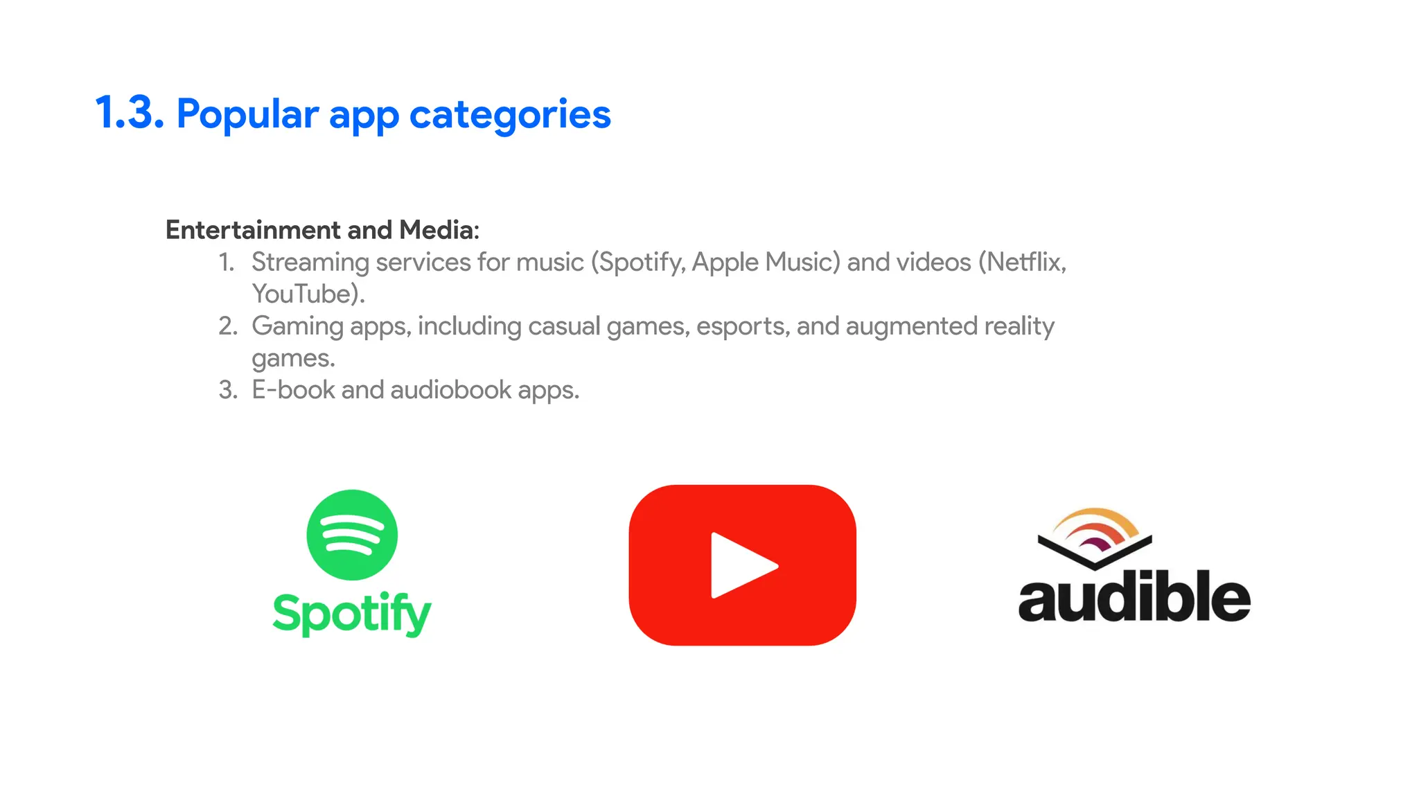 1.3. Popular app categories
Entertainment and Media:
1. Streaming services for music (Spotify, Apple Music) and videos (Netflix,
YouTube).
2. Gaming apps, including casual games, esports, and augmented reality
games.
3. E-book and audiobook apps.
 
