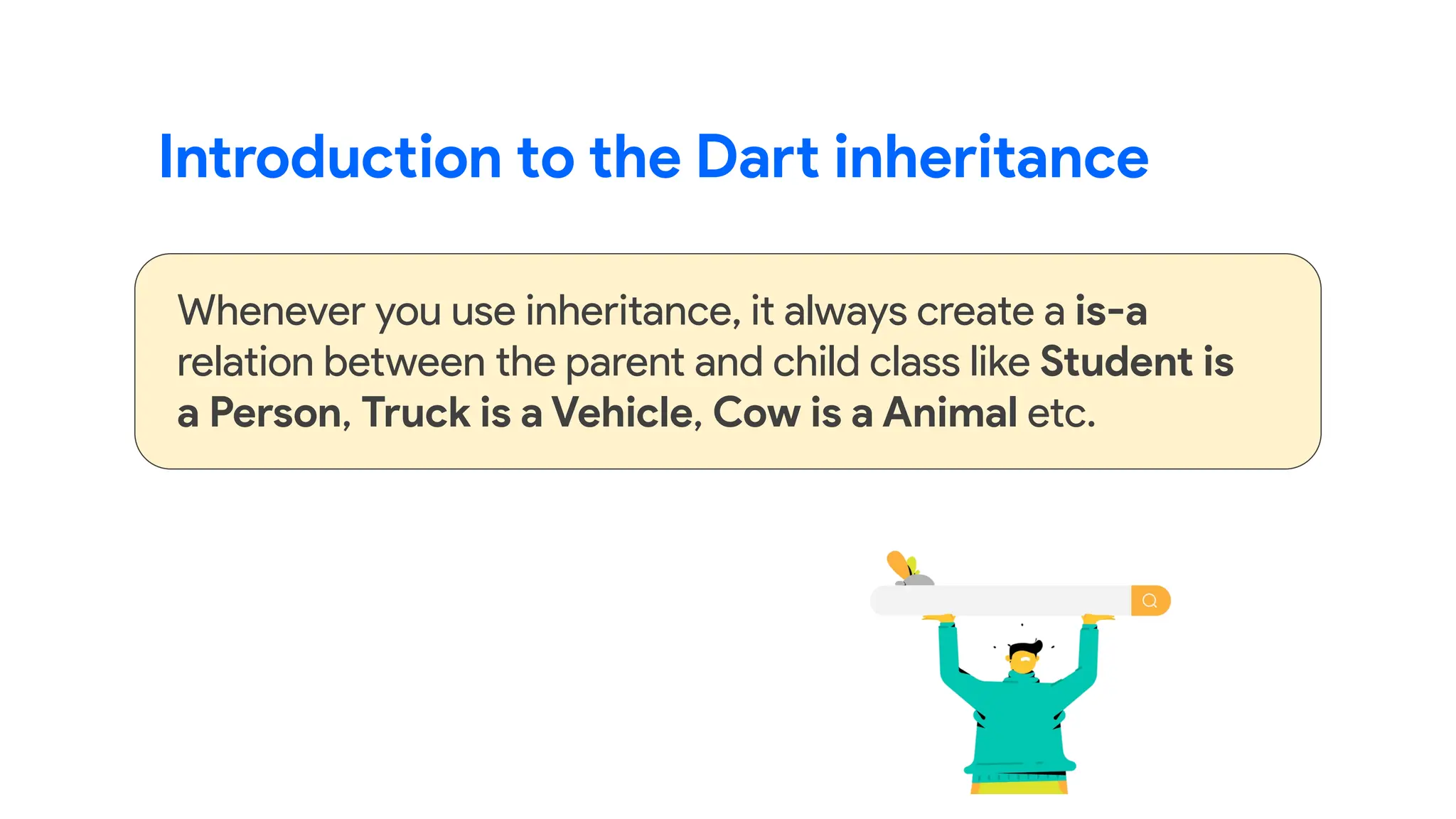 Introduction to the Dart inheritance
Whenever you use inheritance, it always create a is-a
relation between the parent and child class like Student is
a Person, Truck is a Vehicle, Cow is a Animal etc.
 