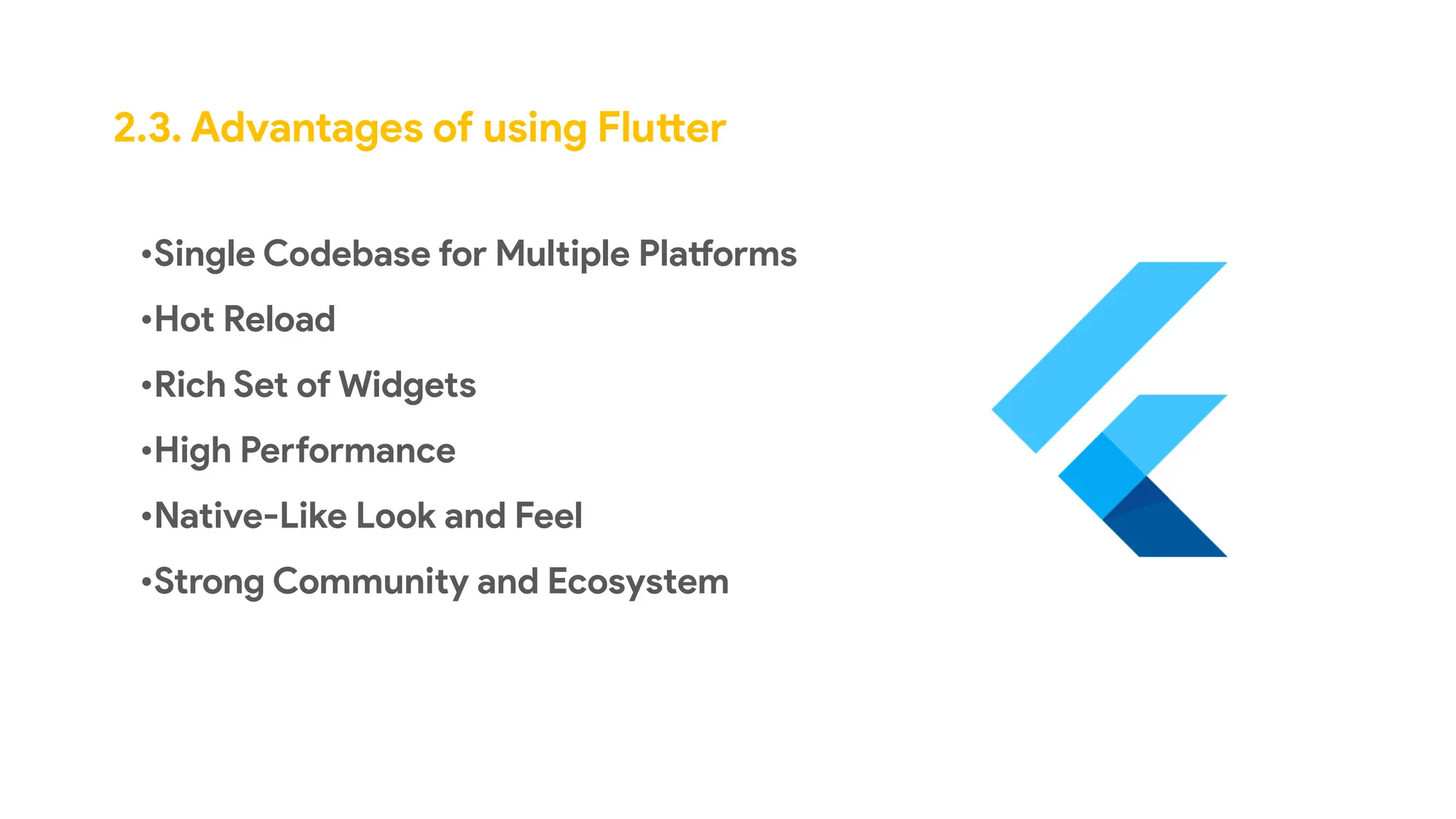 •Single Codebase for Multiple Platforms
•Hot Reload
•Rich Set of Widgets
•High Performance
•Native-Like Look and Feel
•Strong Community and Ecosystem
2.3. Advantages of using Flutter
 