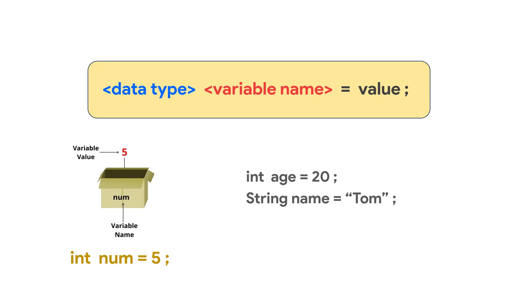 <data type> <variable name> = value ;
int age = 20 ;
String name = “Tom” ;
int num = 5 ;
 
