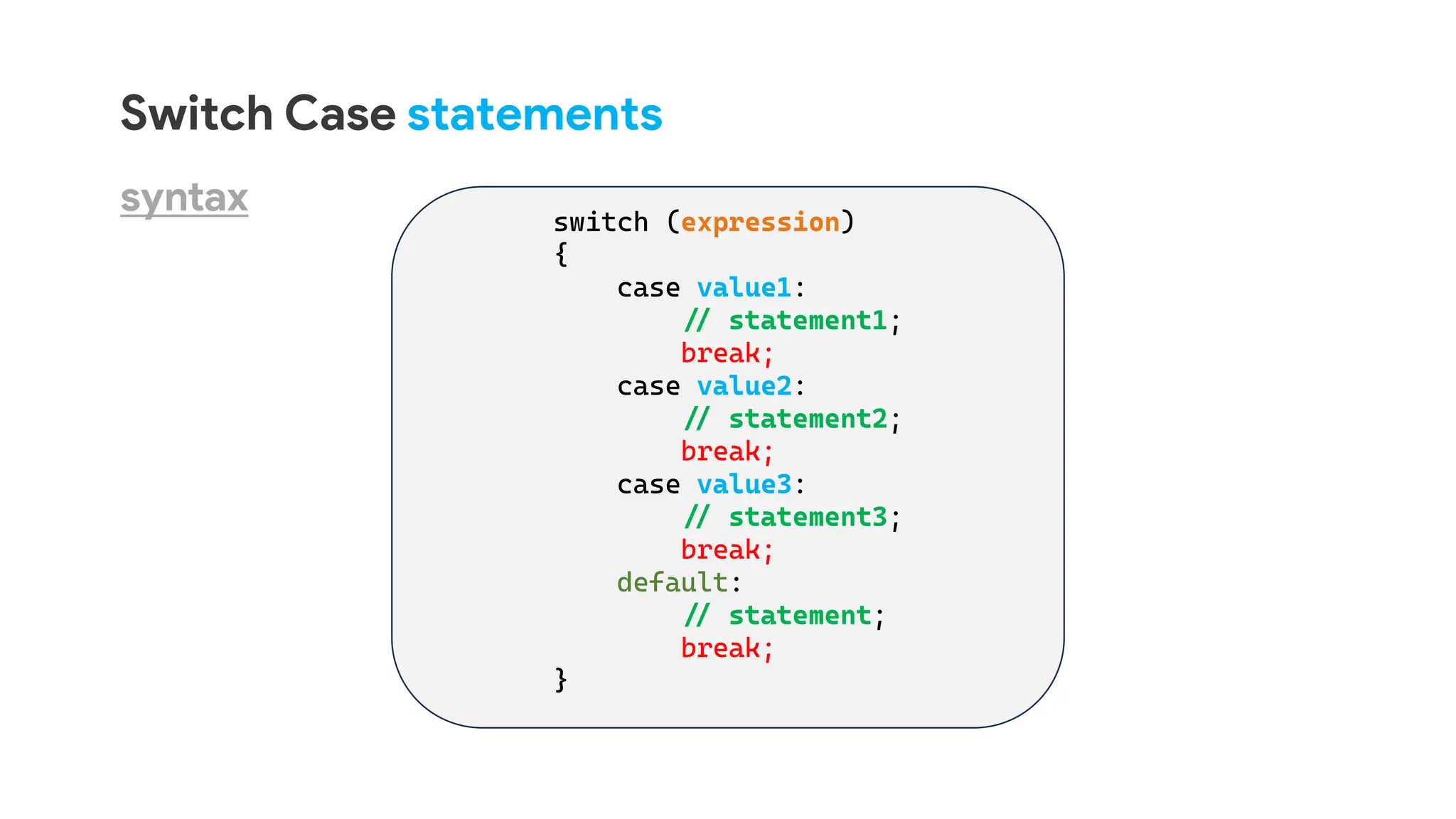 Switch Case statements
syntax
 