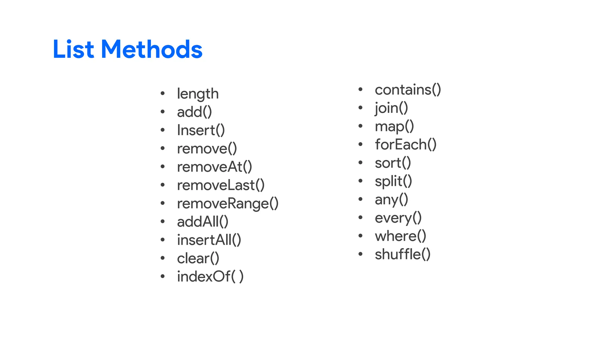 List Methods
• length
• add()
• Insert()
• remove()
• removeAt()
• removeLast()
• removeRange()
• addAll()
• insertAll()
• clear()
• indexOf( )
• contains()
• join()
• map()
• forEach()
• sort()
• split()
• any()
• every()
• where()
• shuffle()
 