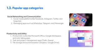 Social Networking and Communication:
1. Social media platforms like Facebook, Instagram, Twitter, and
Snapchat.
2. Messaging apps such as WhatsApp, Telegram, and Messenger.
1.3. Popular app categories
Productivity and Utility:
1. Productivity suites like Microsoft Office, Google Workspace,
and note-taking apps.
2. Task and project management apps (Trello, Asana).
3. File storage and synchronization (Dropbox, Google Drive).
 