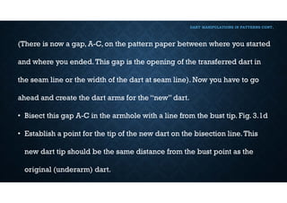 DART MANIPULATIONS IN PATTERNS CONT,
(There is now a gap, A-C, on the pattern paper between where you started
and where you ended.This gap is the opening of the transferred dart in
the seam line or the width of the dart at seam line). Now you have to go
ahead and create the dart arms for the “new” dart.
• Bisect this gap A-C in the armhole with a line from the bust tip. Fig. 3.1d
• Establish a point for the tip of the new dart on the bisection line.This
new dart tip should be the same distance from the bust point as the
original (underarm) dart.
 