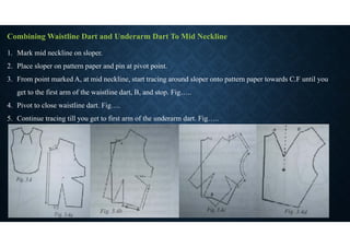 Combining Waistline Dart and Underarm Dart To Mid Neckline
1. Mark mid neckline on sloper.
2. Place sloper on pattern paper and pin at pivot point.
3. From point marked A, at mid neckline, start tracing around sloper onto pattern paper towards C.F until you
get to the first arm of the waistline dart, B, and stop. Fig…..
4. Pivot to close waistline dart. Fig….
5. Continue tracing till you get to first arm of the underarm dart. Fig…..
 