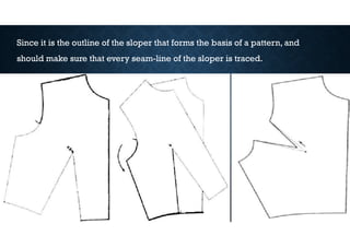 Since it is the outline of the sloper that forms the basis of a pattern, and
should make sure that every seam-line of the sloper is traced.
 