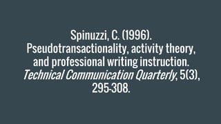Spinuzzi, C. (1996).
Pseudotransactionality, activity theory,
and professional writing instruction.
Technical Communication Quarterly, 5(3),
295–308.
 