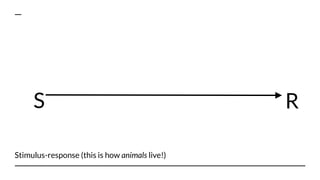 Stimulus-response (this is how animals live!)
S R
 