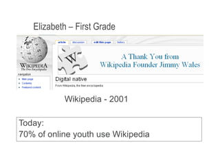 January 9, 2009 11
Elizabeth – First Grade
Wikipedia - 2001
Today:
70% of online youth use Wikipedia
 