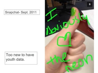 Snapchat- Sept. 2011
Too new to have
youth data.
6/12/2013 18
 