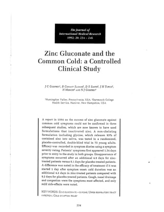 Zinc Gluconate and the Common Cold: a Controlled Clinical Study