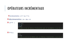 OPÉRATEURS INCRÉMENTAUX
❖Incrémentation : x++ ou ++x
❖décrémentation : x-- ou --x
❖ x++ :
❖++x :
 