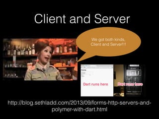 http://blog.sethladd.com/2013/09/forms-http-servers-and-
polymer-with-dart.html
Client and Server
We got both kinds,
Client and Server!!!
 
