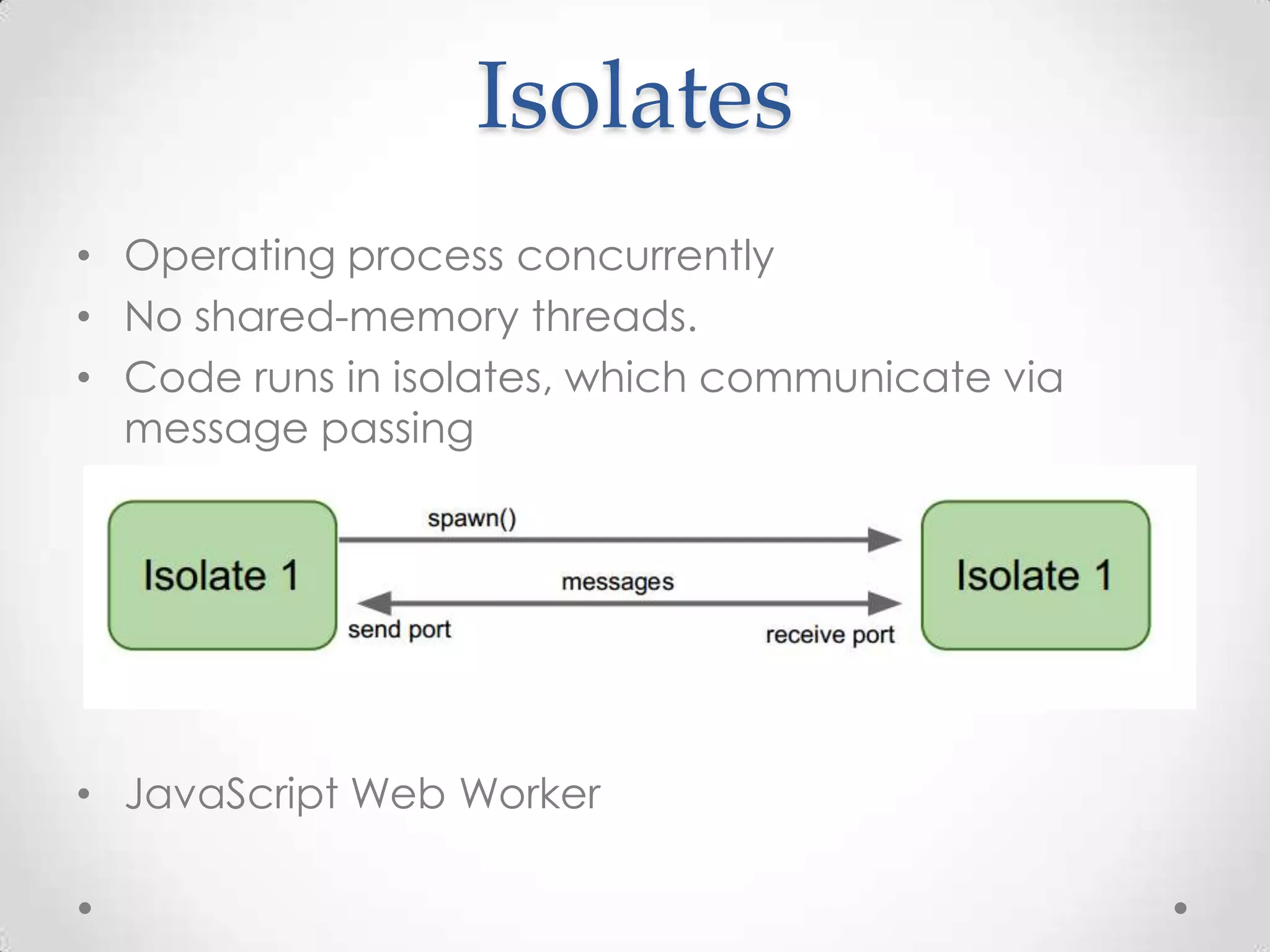 Isolates
• Operating process concurrently
• No shared-memory threads.
• Code runs in isolates, which communicate via
  message passing




• JavaScript Web Worker
 