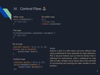 IV. Control Flow 🕹
While Loop
while (condition) {
./ loop code
}
Do-while Loop
do {
./ loop code
} while (condition)
for(Initialization; condition; incrdecr) {
./ loop body
}
For Loop
For-in Loop
List<int> myList = [1,2 ,1, 1, 4];
for(var num in myList){
print("item: $num");
}
List<int> myList = [3,3 ,3, 4];
myList.forEach((element) {
print("item: $element");
});
ForEach Loop
Noted:
forEach is that it is often faster and more efﬁcient than
using a traditional for loop, especially for large collections.
This is because forEach uses an internal iterator that is
optimized for performance, while a traditional for loop
with an index variable may be slower due to the overhead
of incrementing and checking the index variable on each
iteration.
8
 