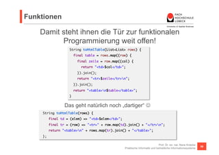 Funktionen 
Typedefs (I) 
// Da in Dart Funktionen ganz normale Parameter sein können, müssen ihre Signaturen 
// als Parametertypen angegeben werden können. 
// Exemplarisch definieren wir erläuternd eine reduce Funktion. 
// Untypisiert - wir können nicht ablesen was Rückgabe, vs oder folder sein sollen. 
reduce(vs, folder) { 
return vs.reduce(folder); 
} 
// Typisiert - Rückgabe und Parameter sind ablesbar. Funktionstyp ist "ungewöhnlich". 
num reduceTyped(List<num> vs, num folder(num a, num b)) { 
return vs.reduce(folder); 
} 
// Typisiert - Rückgabe und Parameter sind gut erkennbar 
// Reducer ist als typedef ausgeworfen. Dies macht es übersichtlicher. 
typedef num Reducer(num a, num b); 
num reduceTypedefed(List<num> vs, Reducer folder) { 
return vs.reduce(folder); 
} 
Prof. Dr. rer. nat. Nane Kratzke 
Praktische Informatik und betriebliche Informationssysteme 56 
 