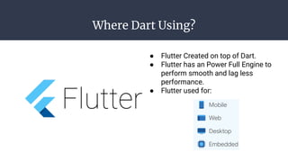 Where Dart Using?
● Flutter Created on top of Dart.
● Flutter has an Power Full Engine to
perform smooth and lag less
performance.
● Flutter used for:
 