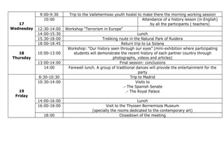 17
Wednesday
9:00-9:30 Trip to the Vallehermoso youth hostel to make there the morning working session
10:00 Attendance of a history lesson (in English)
by all the participants ( teachers)
12:30-14:00 Workshop "Terrorism in Europe"
14:00-15:30 Lunch
15:30-18:00 Trekking route in the Natural Park of Ruidera
18:00-18:45 Return trip to La Solana
18
Thursday
10:00-13:00
Workshop: “Our history seen through our eyes” (mini-exhibition where participating
students will demonstrate the recent history of each partner country through
photographs, videos and articles)
13:00-14:00 Final session: conclusions
14:00 Farewell lunch. A group of traditional dances will provide the entertainment for the
party
19
Friday
8:30-10:30 Trip to Madrid
10:30-14:00 Visits to
.- The Spanish Senate
.- The Royal Palace
14:00-16:00 Lunch
16:00-18:00 Visit to the Thyssen Bornemisza Museum
(specially the rooms dedicated to the contemporary art)
18:00 Closedown of the meeting
 