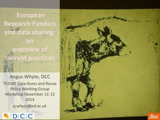 European
Research Funders
and data sharing:
an
overview of
current practices
Angus Whyte, DCC
‘EUDAT Data Acess and Reuse
Policy Working Group
Workshop November 11-12
2014
a.whyte@ed.ac.uk
 