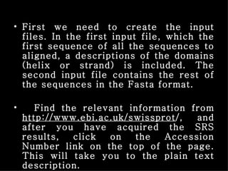First we need to create the input files. In the first input file, which the first sequence of all the sequences to aligned, a descriptions of the domains (helix or strand) is included. The second input file contains the rest of the sequences in the Fasta format. Find the relevant information from  http://www.ebi.ac.uk/swissprot /, and after you have acquired the SRS results, click on the Accession Number link on the top of the page. This will take you to the plain text description. 